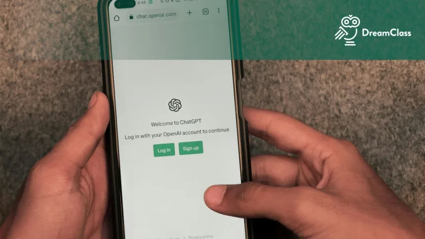 Image of a mobile phone showing the creation of an account to an AI service, in terms of AI Usage Policy for Private Schools
