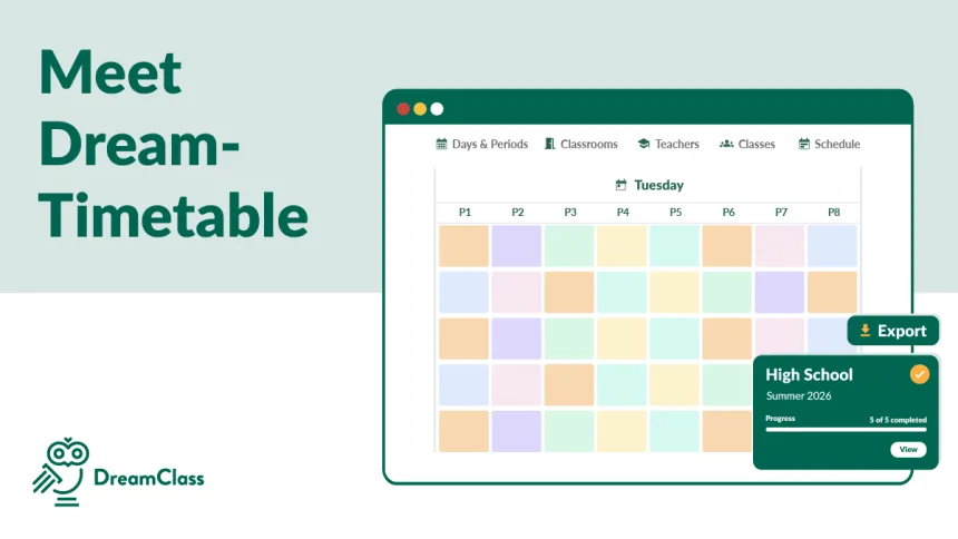 Illustration of DreamTimetable: The new Smart Class Scheduler that auto-builds conflict-free timetables with teacher availability, room capacity, and time preferences.