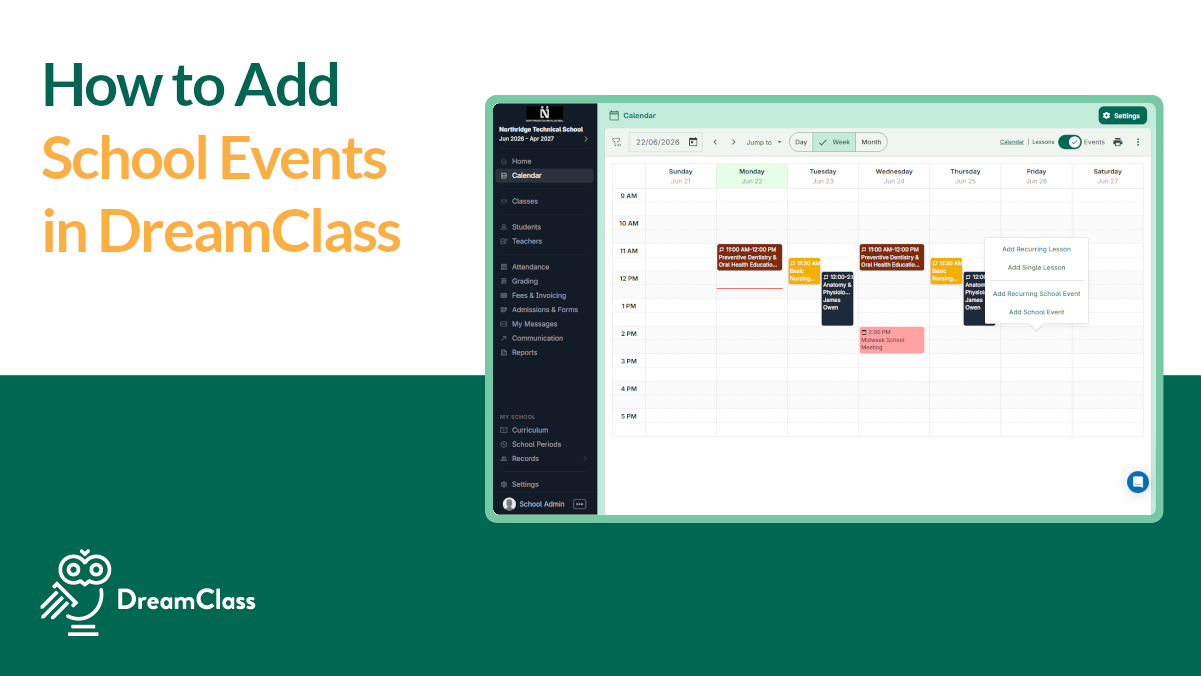 How to Add School Events in DreamClass