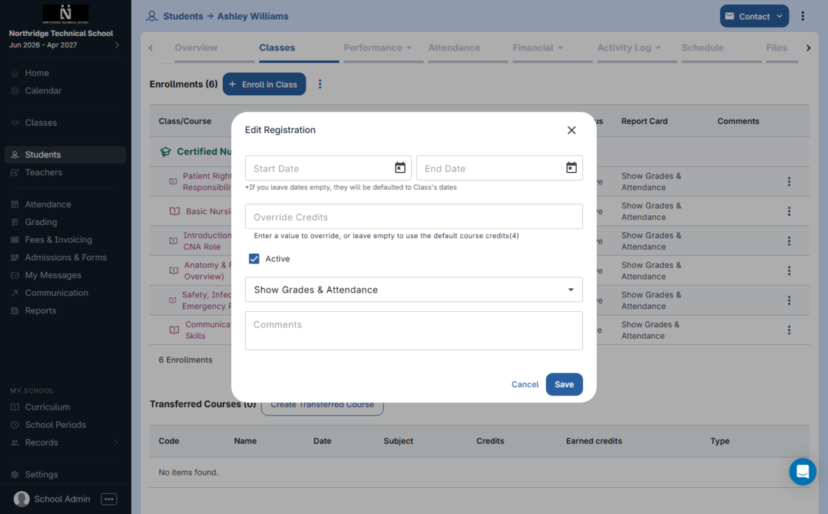 Screenshot highlighting the report card toggle for a class