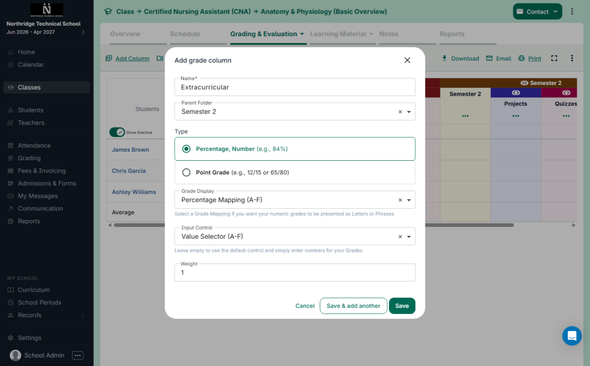 Screenshot of weight assignment interface